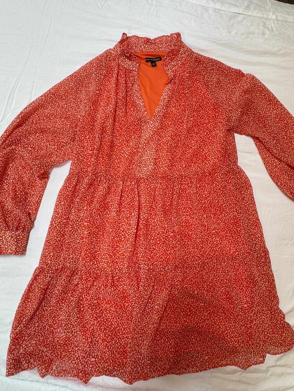 Orange Printed Mini Dress with Ruffle Collar